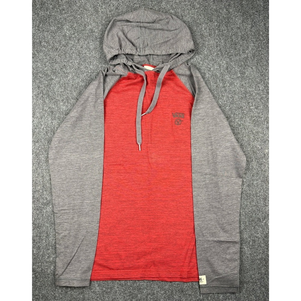 Vans Mens Medium Red Grey Heathered Raglan Long Sleeve Hooded T-Shirt Logo